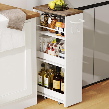 ChooChoo 4-Tier Slim Storage Cart, 7.87 inches Wide Narrow Storage Cabinet with 360° Wheels and 2 Hooks, Space-Saving Organizer for Kitchen, Narrow Places, Dining Room, Walnut+White