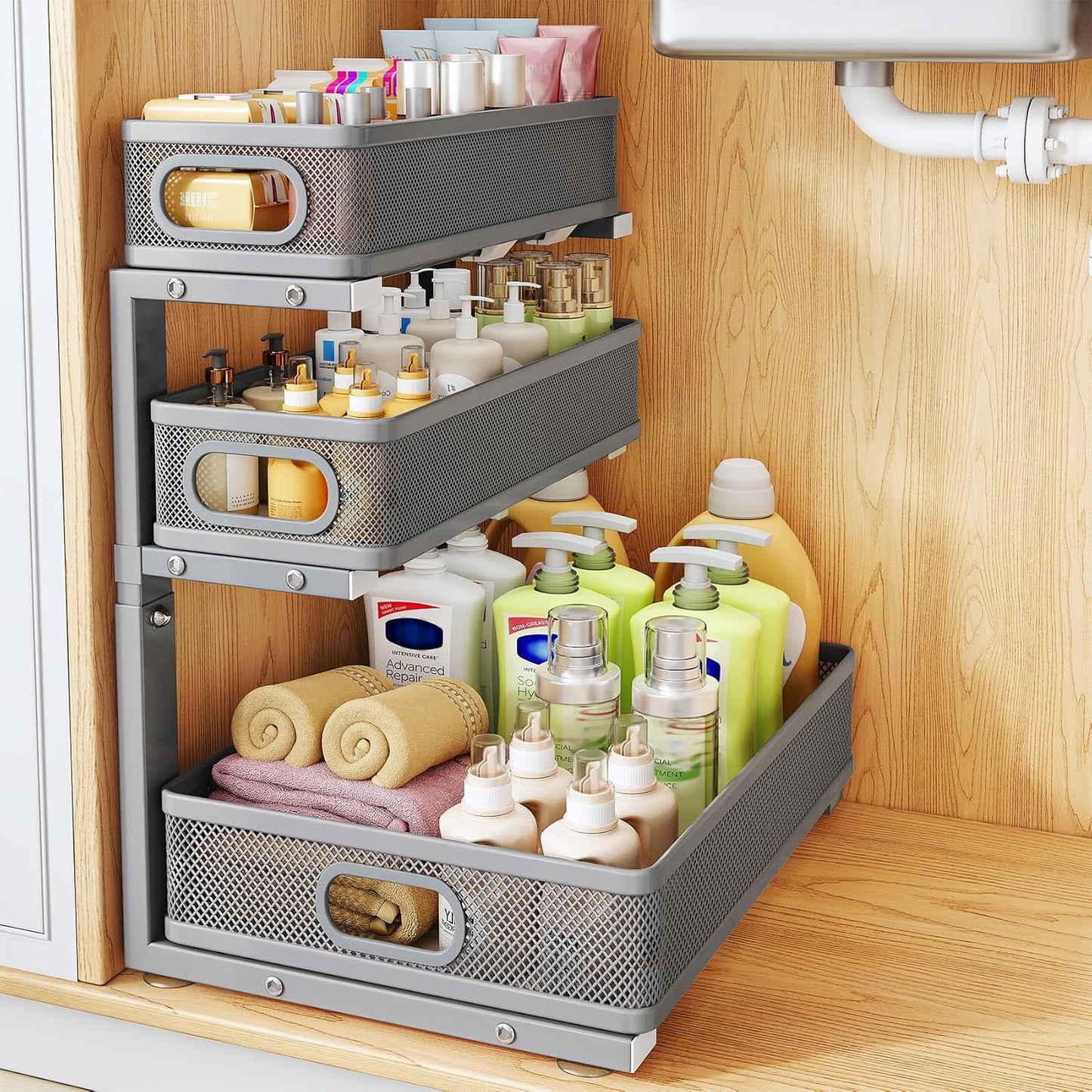Under Sink Organizer, 2-Pack 3-Tier Thickened Metal Pull out Cabinet Organizer Shelf, Height Adjustable Slide out Storage Drawer Rack for Kitchen Bathroom Pantry Laundry Home Office Organization