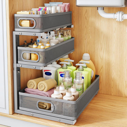 Under Sink Organizer, 2-Pack 3-Tier Thickened Metal Pull out Cabinet Organizer Shelf, Height Adjustable Slide out Storage Drawer Rack for Kitchen Bathroom Pantry Laundry Home Office Organization