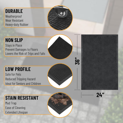 Ottomanson Waterproof Rubber Outdoor Doormat – Heavy-Duty Non-Slip Rubber Floor Mat with Ridge Scraper Pattern, All-Weather Front Door Entry Mat for Mud & Dirt Control – 18" x 30", Black