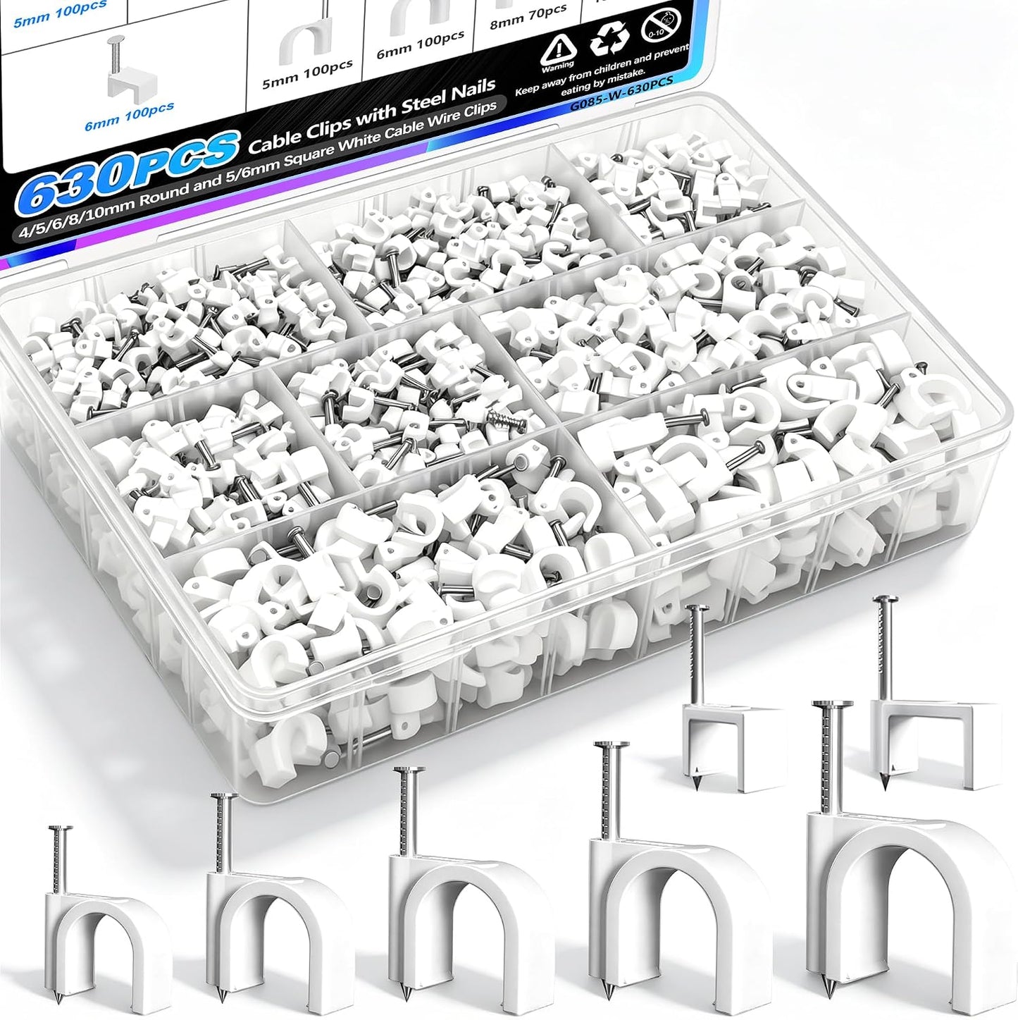 mxuteuk 630PCS Cable Clips with Steel Nails,4/5/6/8/10mm Round and 5/6mm Square White Cable Wire Clips,Wall Clips for Cords,Cable Cord Clips for RG6 RG59 CAT6 RJ45