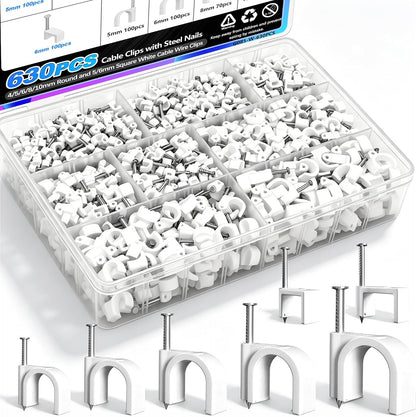 mxuteuk 630PCS Cable Clips with Steel Nails,4/5/6/8/10mm Round and 5/6mm Square White Cable Wire Clips,Wall Clips for Cords,Cable Cord Clips for RG6 RG59 CAT6 RJ45
