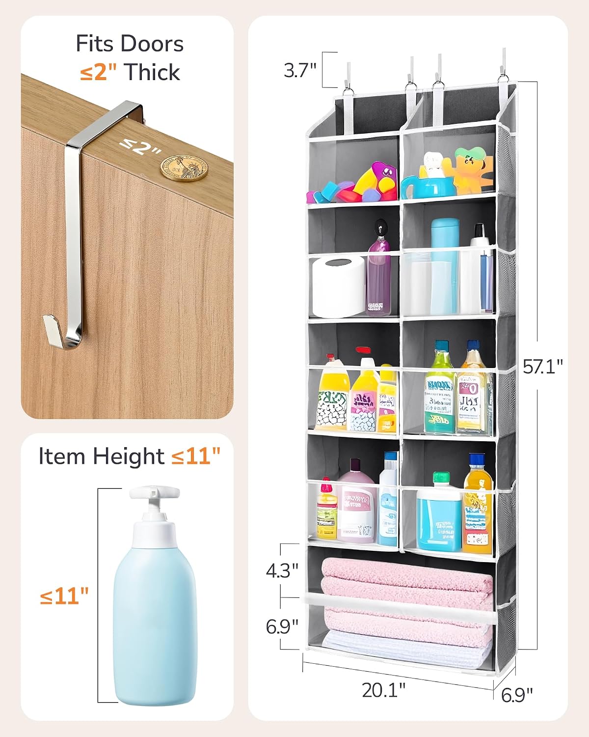 ULG Over the Door Organizer, 5-Tier Extra Large Hanging Storage with 10 Mesh Pockets, 100 lbs Capacity, Heavy Duty Door Organizer for Closet, Bedroom, Nursery Storage, Beige