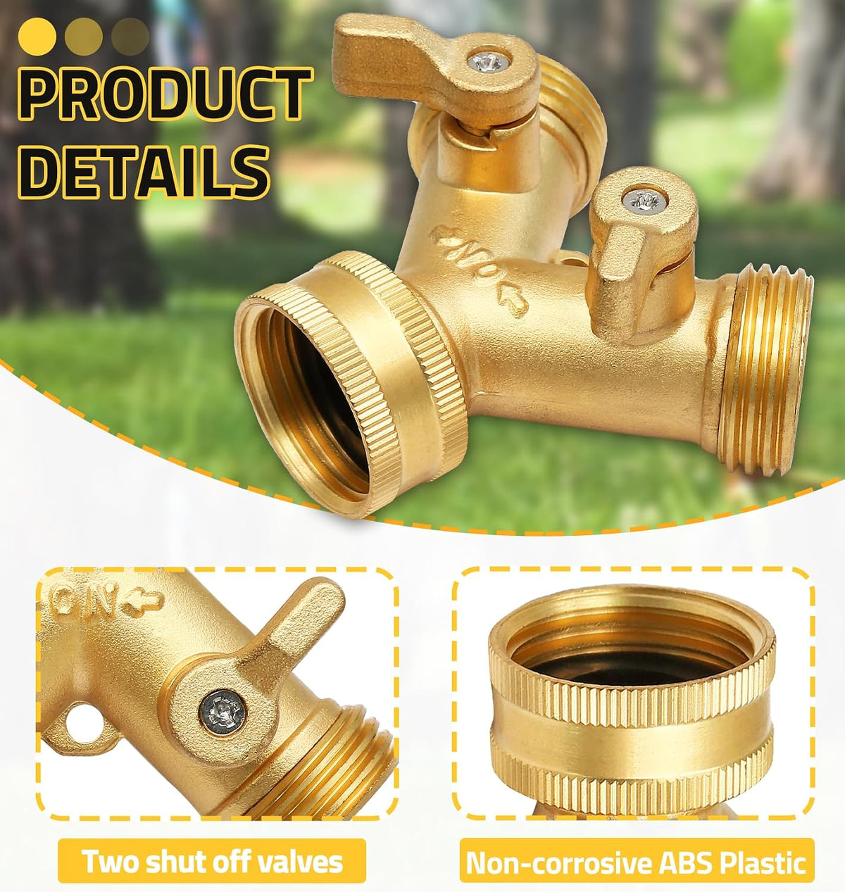 Biaungdo 2 Pcs 2 Way Connector Garden Hose Splitter, 3/4 Inch, Brass | Garden Hose Y Splitter, Solid Brass Hose Adapter Y Valve Spigot Faucet Adapter with Faucet Watering Shut Off Valves