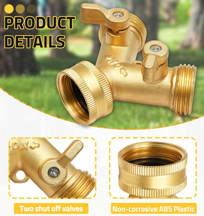 Biaungdo 2 Pcs 2 Way Connector Garden Hose Splitter, 3/4 Inch, Brass | Garden Hose Y Splitter, Solid Brass Hose Adapter Y Valve Spigot Faucet Adapter with Faucet Watering Shut Off Valves