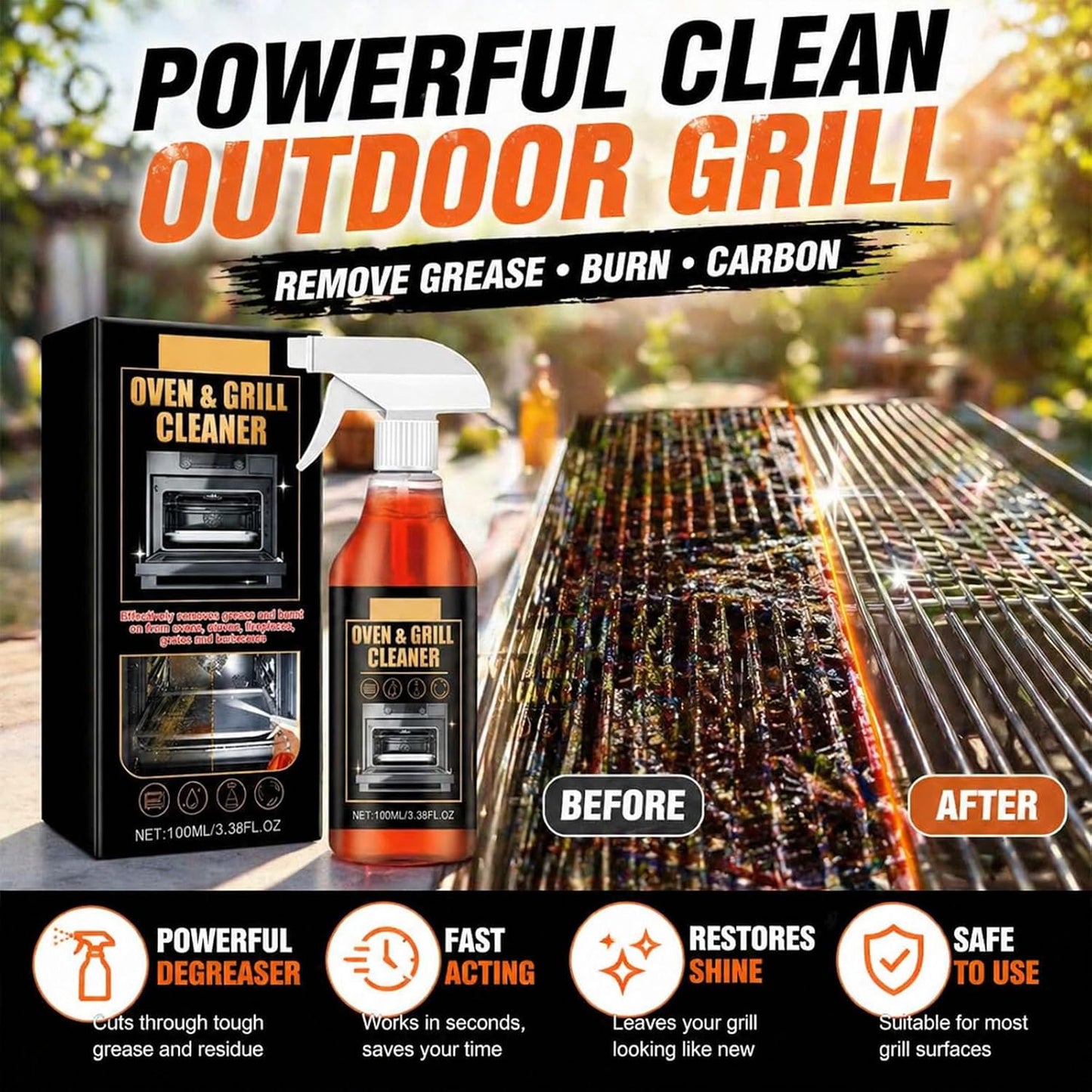 Oven & Grill Cleaner Spray, Heavy Duty Degreaser for Stove, BBQ & Kitchen Surfaces, Fast Acting Grease Remover, Non-Streak Formula for Oven, Grill Grates, Stovetop & Countertops (1pcs)