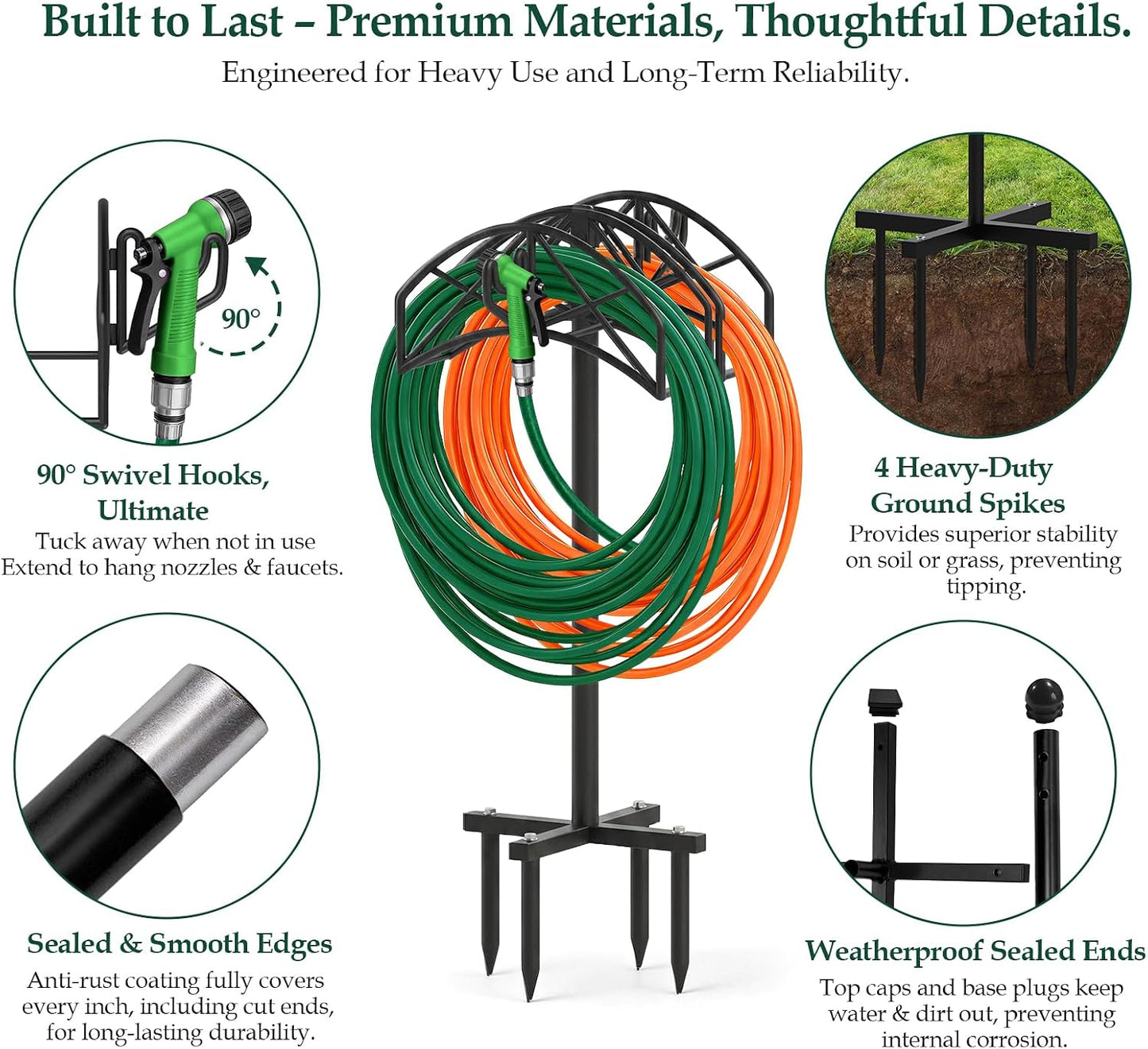 WellSign Garden Water Hose Holder Freestanding or Wall Mount, Metal Heavy Duty Hose Hanger Storage Stand Holds 2 Pcs 160Ft Hose for Outside Yard Lawn Farm with 90° Rotatable Hook for Storing Faucets