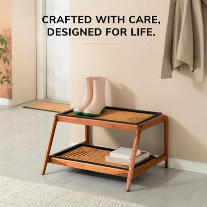 Anji Mountain Heavy Duty Waterproof Wooden Shoe Storage Mat Organizer/Boot Storage Tray Multi Use for Entryway with Coir, Tan Rectangle Embossed Insert, 1 Tier, Fits 2 Pair (26.5" Wide)