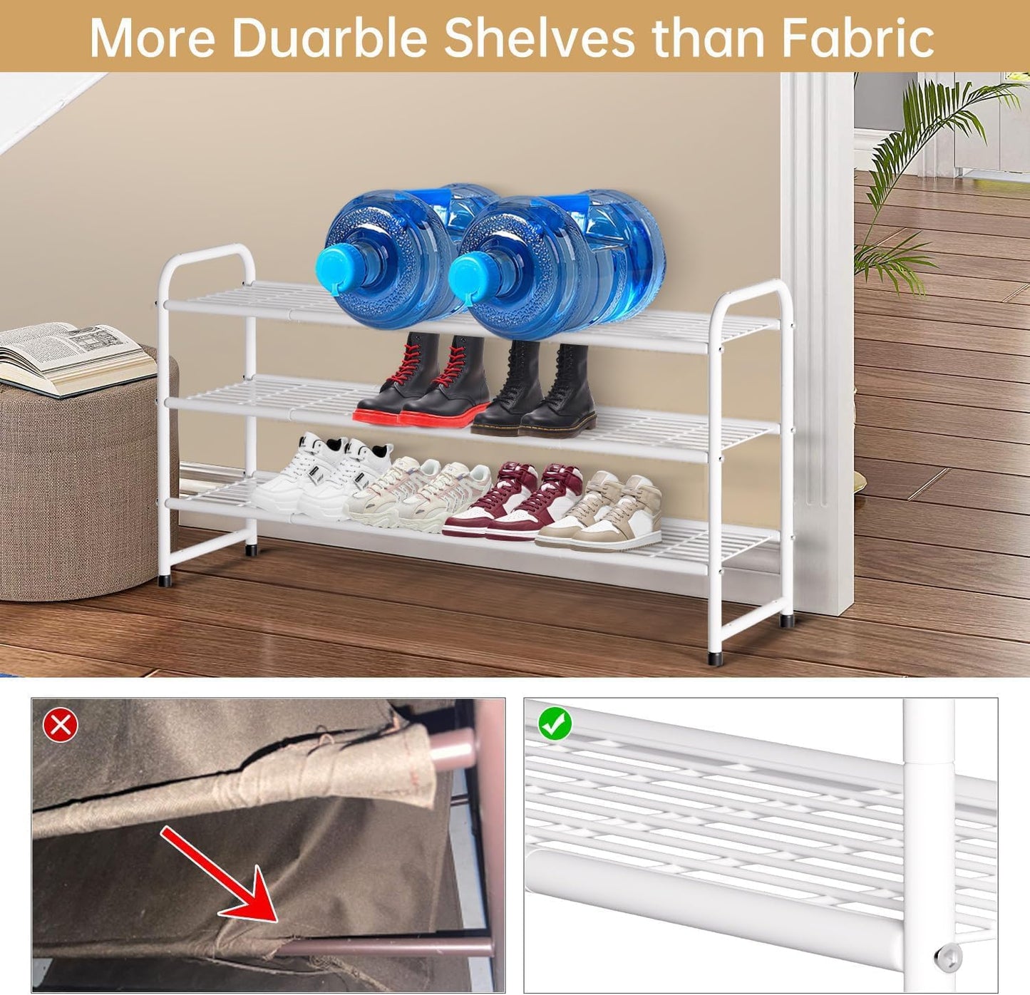 KEETDY 3-Tier Long Shoe Rack for Closet Metal Shoe Organizer for Entryway, Wide Stackable Shoe Storage Shelf with Sturdy Wire Grid for Closet Floor, Bedroom, Black
