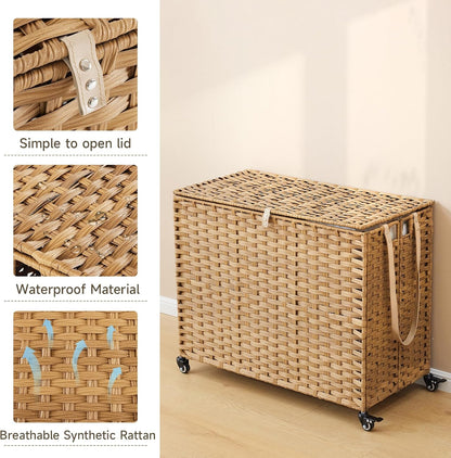 Laundry Hamper with Wheels, 34.3 Gallon(130L) Rolling Laundry Basket with Lid, 3-Section Rattan Clothes Hamper with 3 Removable Liner & 3 Mesh Bags, Laundry Sorter with Side Pocket, Brown