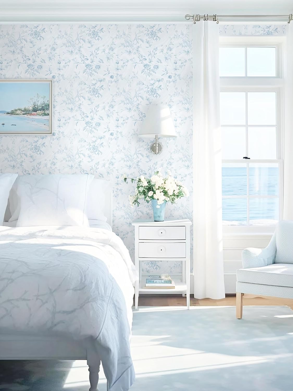 Dimoon 17.3''x78.7'' Vintage Peel and Stick Wallpaper Boho Beige Neutral Contact Paper White Floral Bird Wallpaper Removable Botanical Renter Friendly Modern Wall Paper Bedroom Bathroom Vinyl Roll