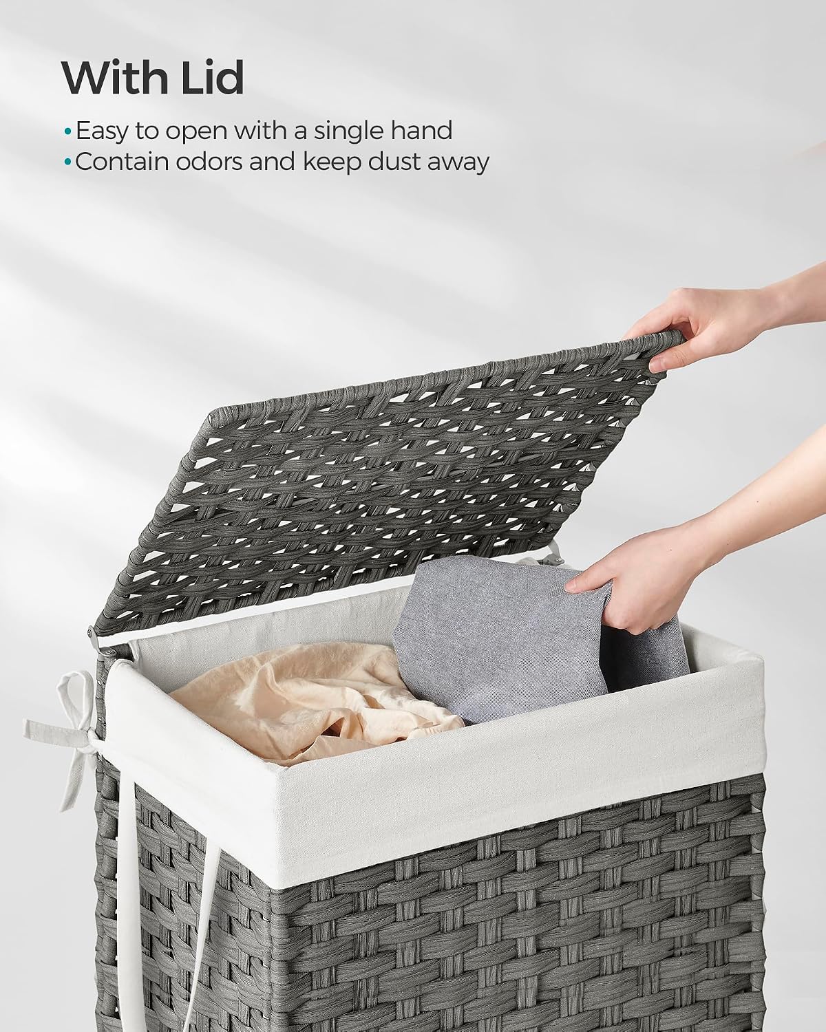 SONGMICS Laundry Hamper with Lid, 23.8 Gallon (90 L) Synthetic Rattan Clothes Laundry Basket with Lid and Handles, Foldable, Removable Liner, Chestnut Brown ULCB051K02