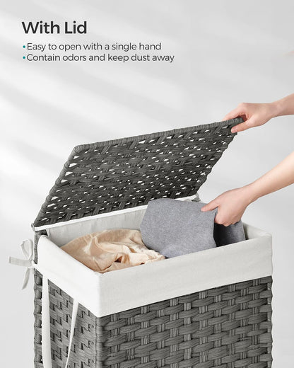 SONGMICS Laundry Hamper with Lid, 23.8 Gallon (90 L) Synthetic Rattan Clothes Laundry Basket with Lid and Handles, Foldable, Removable Liner, Chestnut Brown ULCB051K02