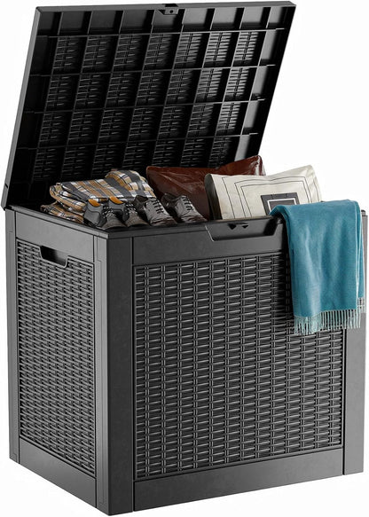 ROJIK 120 Gallon Waterproof Outdoor Deck Storage Box, Lockable Resin Patio Storage Bin with Lid for Garden Tools, Patio Cushions & Outdoor Accessories(Black)