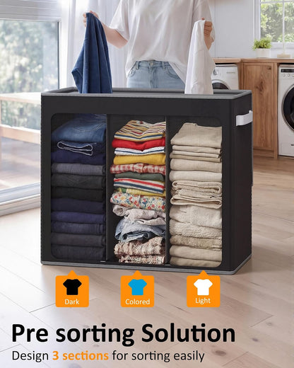Optish 180L Laundry Hamper 3 Section, Large Laundry Hamper with Lid, Dirty Clothes Hampers with 3 Inner Bags, Laundry Basket Organizer for Laundry, Bedroom, Bathroom, Hamper 3 Compartment, Black