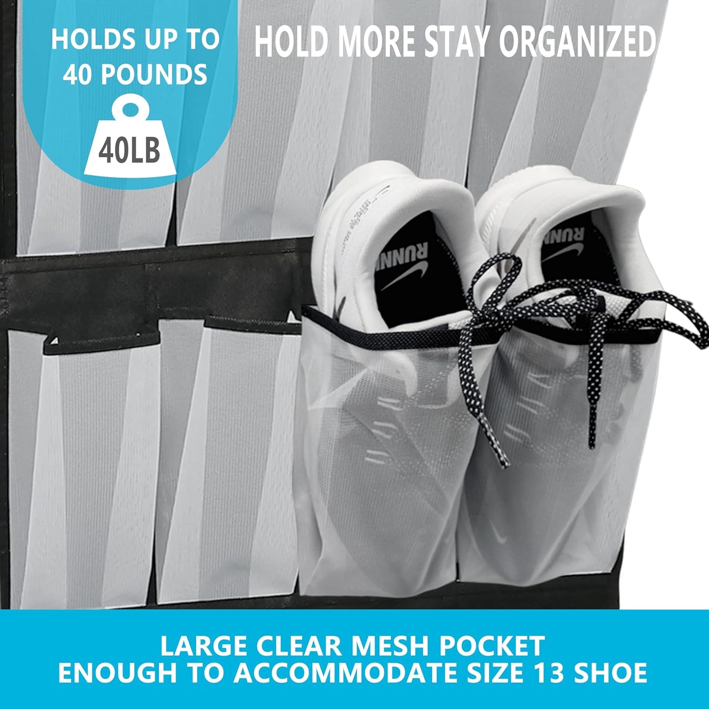 Over The Door Shoe Organizer with 24 Large Breathable Mesh Pockets Sturdy Closet Door Shoe Storage Holder Hanging SimpleHouseware Men Women Kids Shoe Holder for Rack (Black)