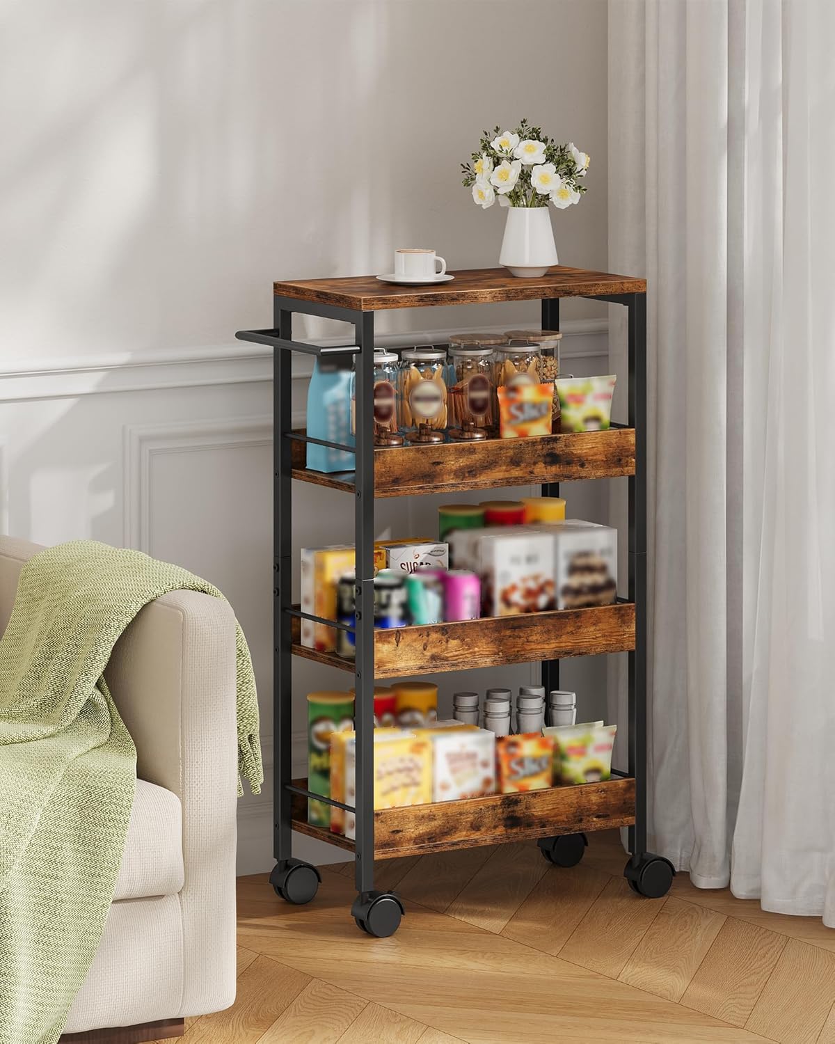 CHOEZON 4-Tier Slim Storage Cart, 5.1'' Kitchen Serving Trolley, Slim Rolling Cart with Handle and Guard Rails, Slim Cabinet for Small Spaces, for Dining Room, Rustic Brown and Black TTC01BF