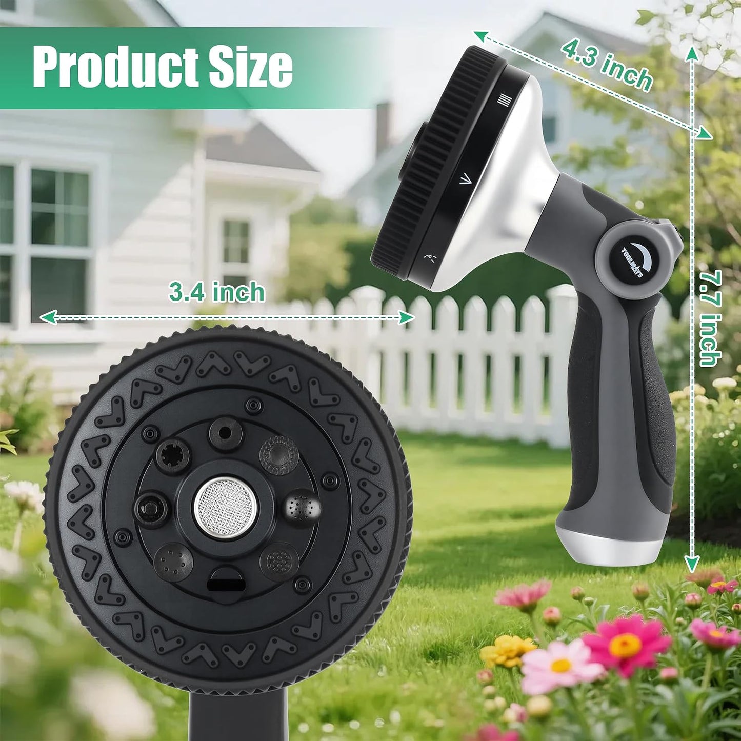 Garden Hose Nozzle - Heavy Duty Water Hose Sprayer with 8 Spray Patterns, Dia 90mm Thumb Control On/Off Valve, Durable Zinc Alloy Body for Lawn, Car & Pet Cleaning