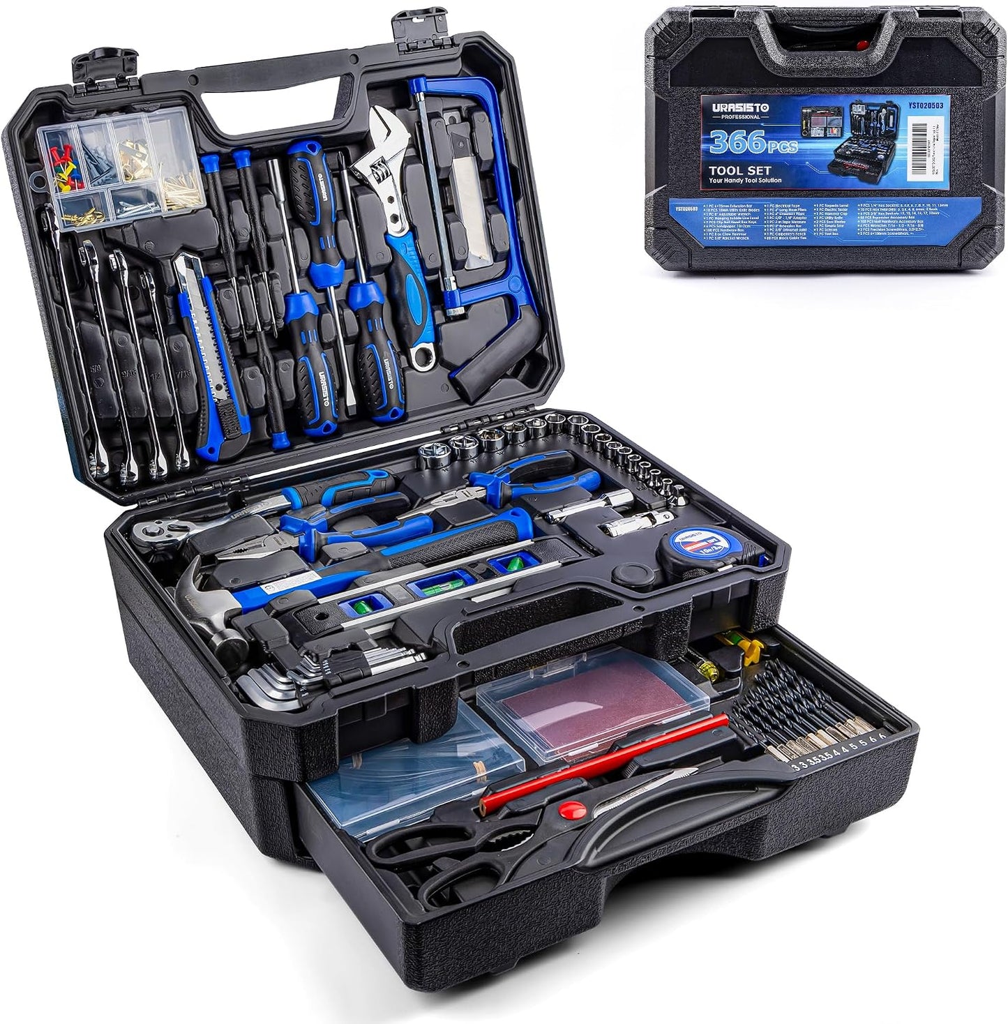 URASISTO 366 Piece Home Repair Tool Kit, Auto Repair Tool Set, General Home Toolbox Storage Case with Drawer, General Household Tool Kit