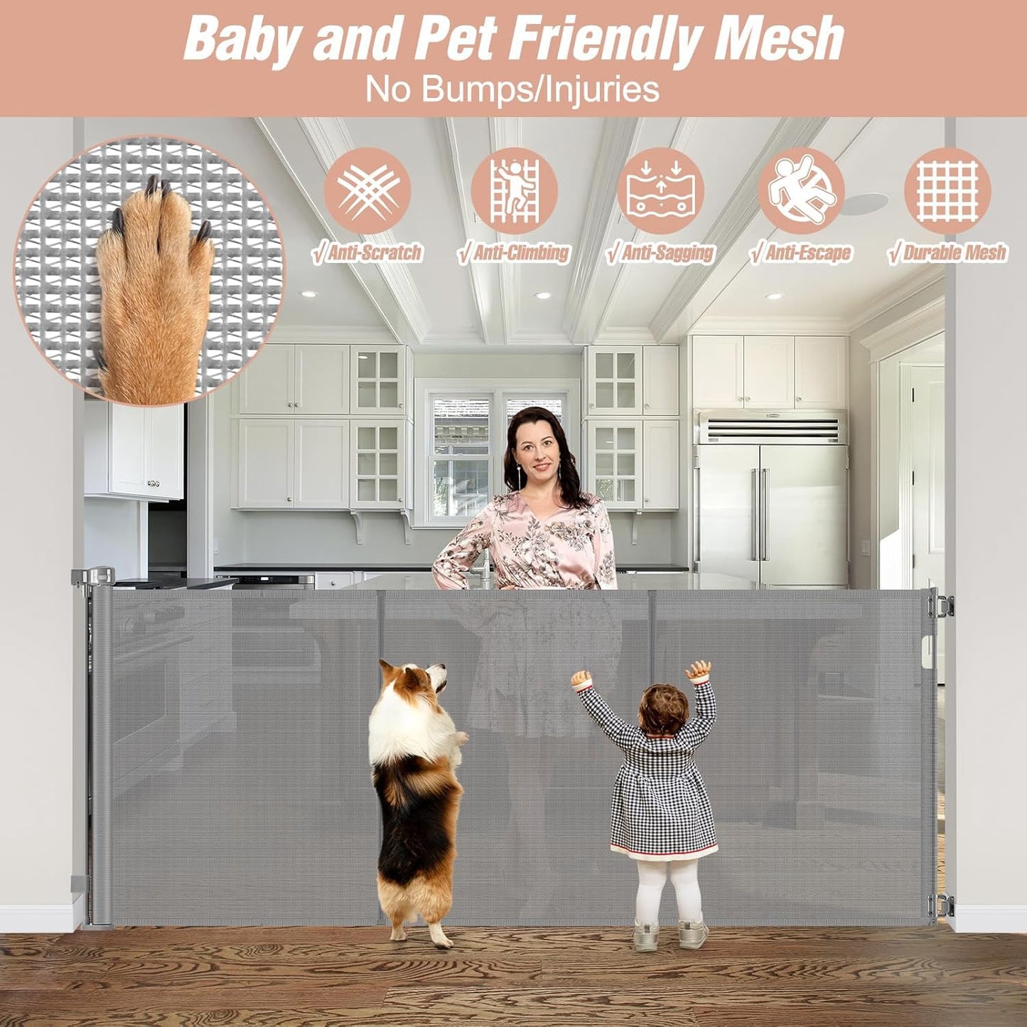 Newly Enhanced - 42" Tall × 120" Extra Wide Retractable Baby Gate Keeps Pets from Getting Under Tall Dog Gate, Indoor/Outdoor Baby Gates for Dogs, Retractable Dog Gate for Large Openings, White