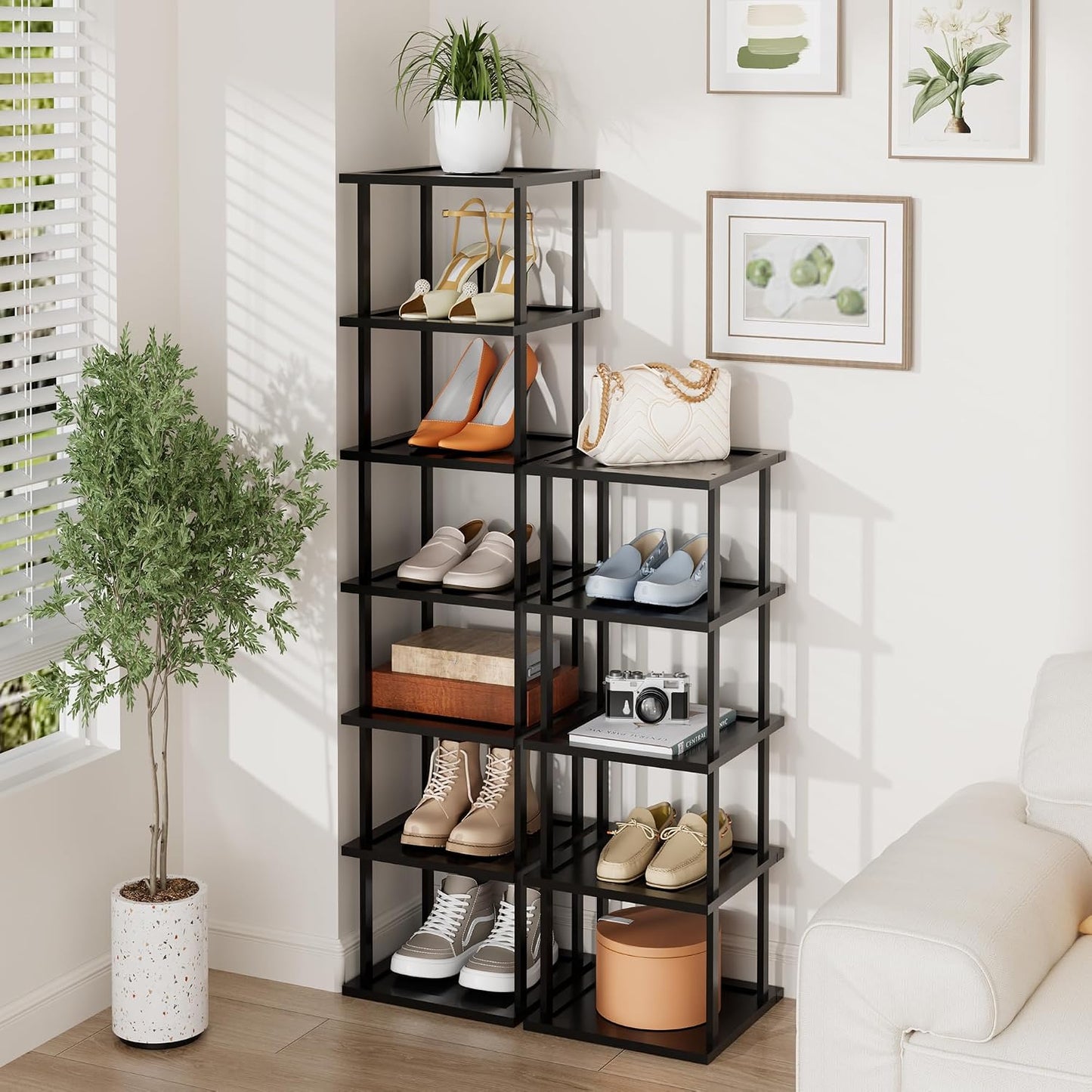 Vertical Tall Shoe Rack Organizer for Entryway -7 Tier Free Standing Slim Narrow Bamboo Wood Corner Stackable Shoe Boots Storage Stand Small Spaces for Closet Garage Cloakroom Living Room (Black)