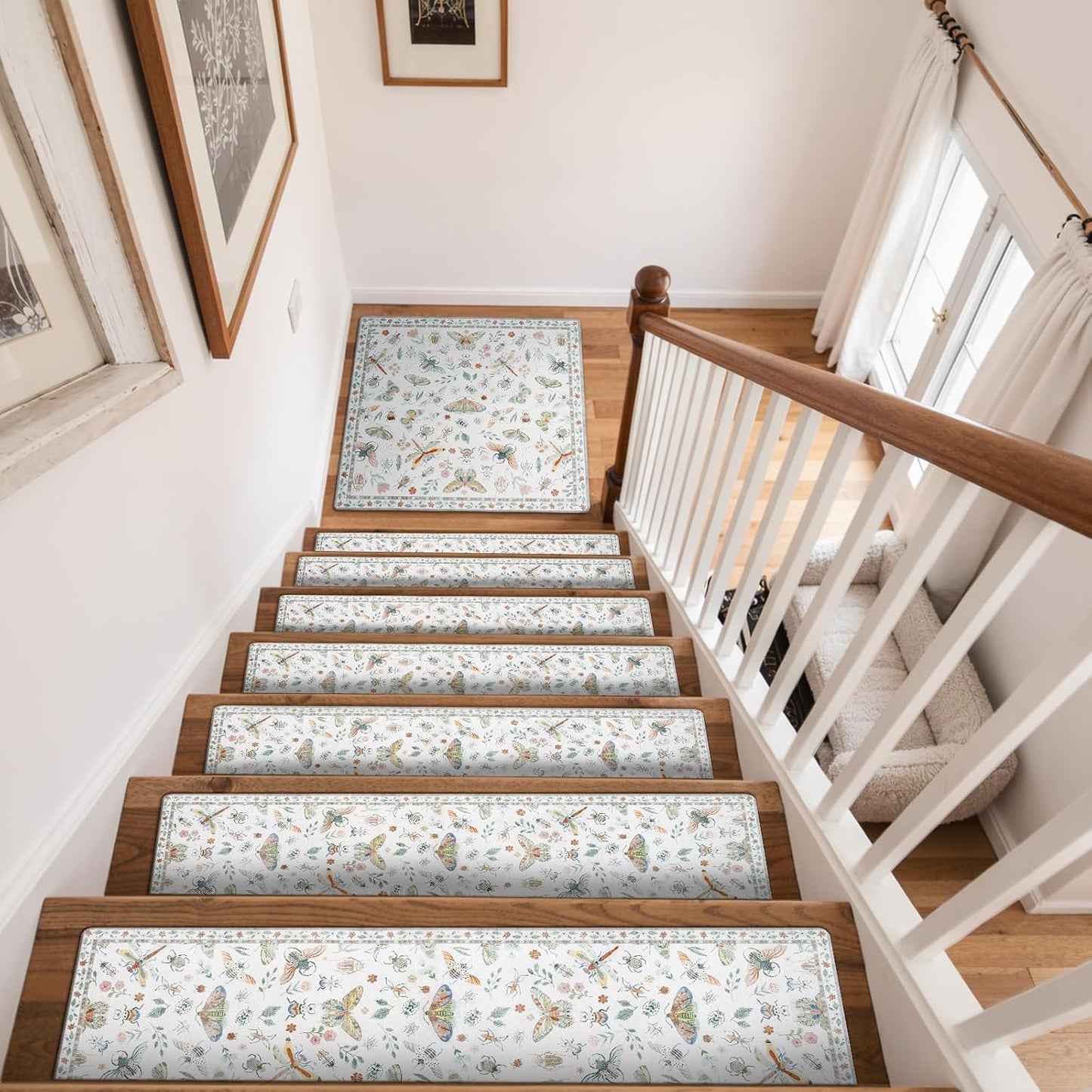 OJIA Insect Print Stair Treads Non Slip Stair Runners for Wooden Steps Indoor, 15PCS 8"x30" Rubber Backing Carpet Treads for Wood Stairs Staircase Step Treads for Kids & Dogs, Stair Covers, Black