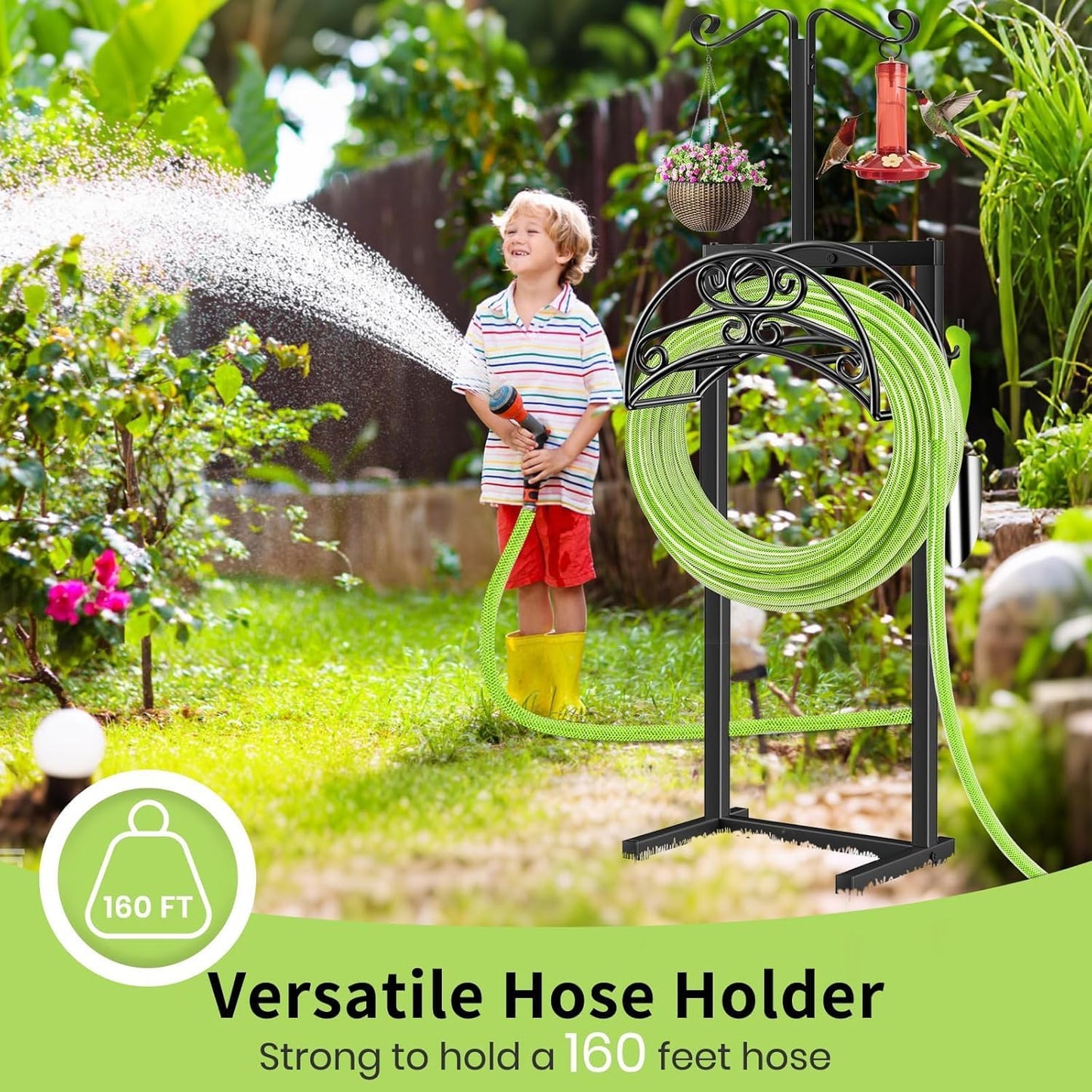 TomCare Garden Hose Holder Upgraded Water Hose Holder Heavy Duty 4 Spikes Hose Hanger Holds 160 Feet Hoses Stable Freestanding Hose Storage Organizer for Outside Yard