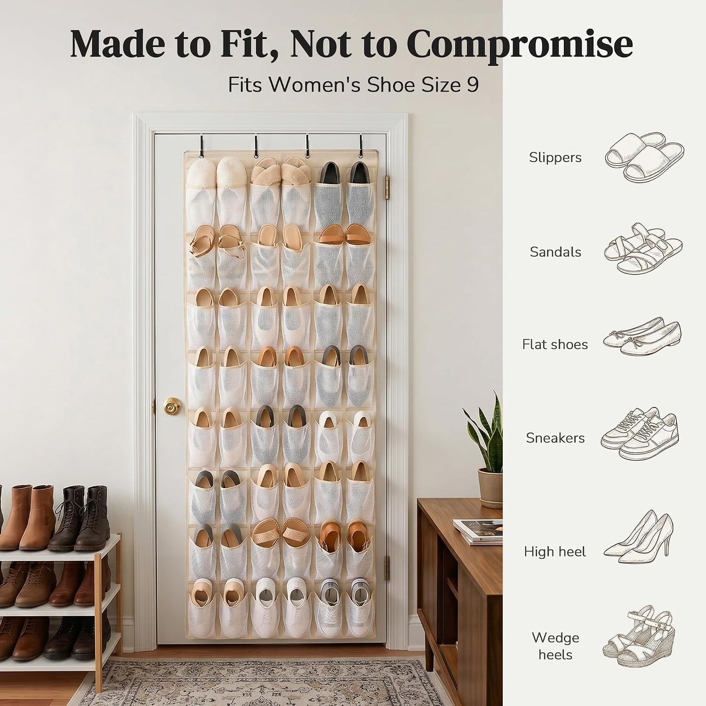 48 Pockets Over the Door Shoe Organizer, Large Mesh Hanging Shoe Rack, 6-Column Heavy Duty Shoe Storage for Sneakers and Heels, Behind Door Holder for Entryway Bedroom Dorm College, Black