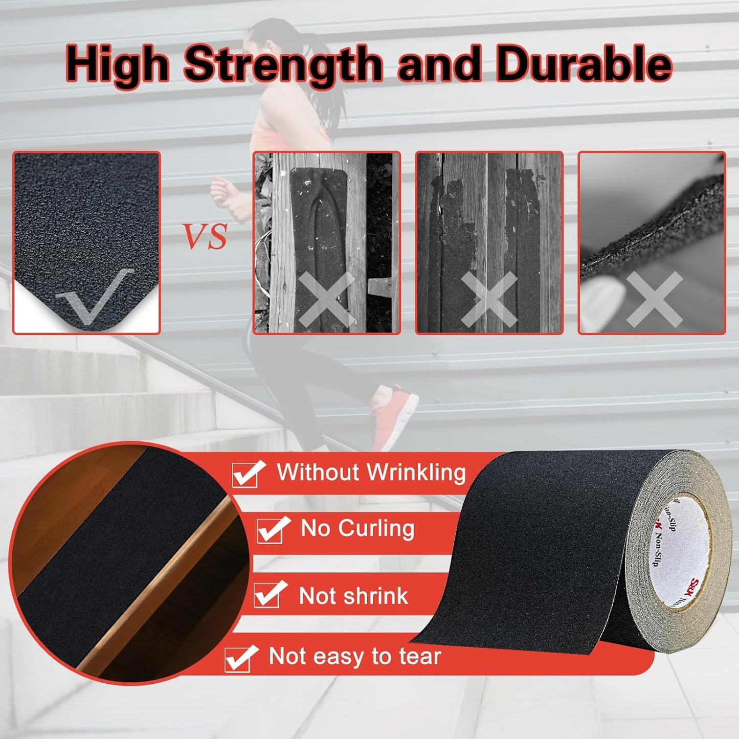 S&X Premium Outdoor Anti-Slip Tape - 4" x 60' Black Non-Slip Traction for Stairs, Ramps, Walkways, Boats, Weatherproof, High Traction, Long-Lasting Safety Solution
