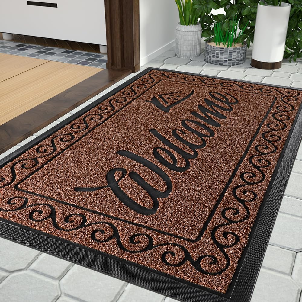 Yimobra Welcome Mat, Heavy Duty Sturdy Door Mats for Home Entrance Outdoor Indoor, Front Doormat for Outside Patio Floor Entry Porch Garage Office, Waterproof, Low Profile, 29.5x17, Black Grey