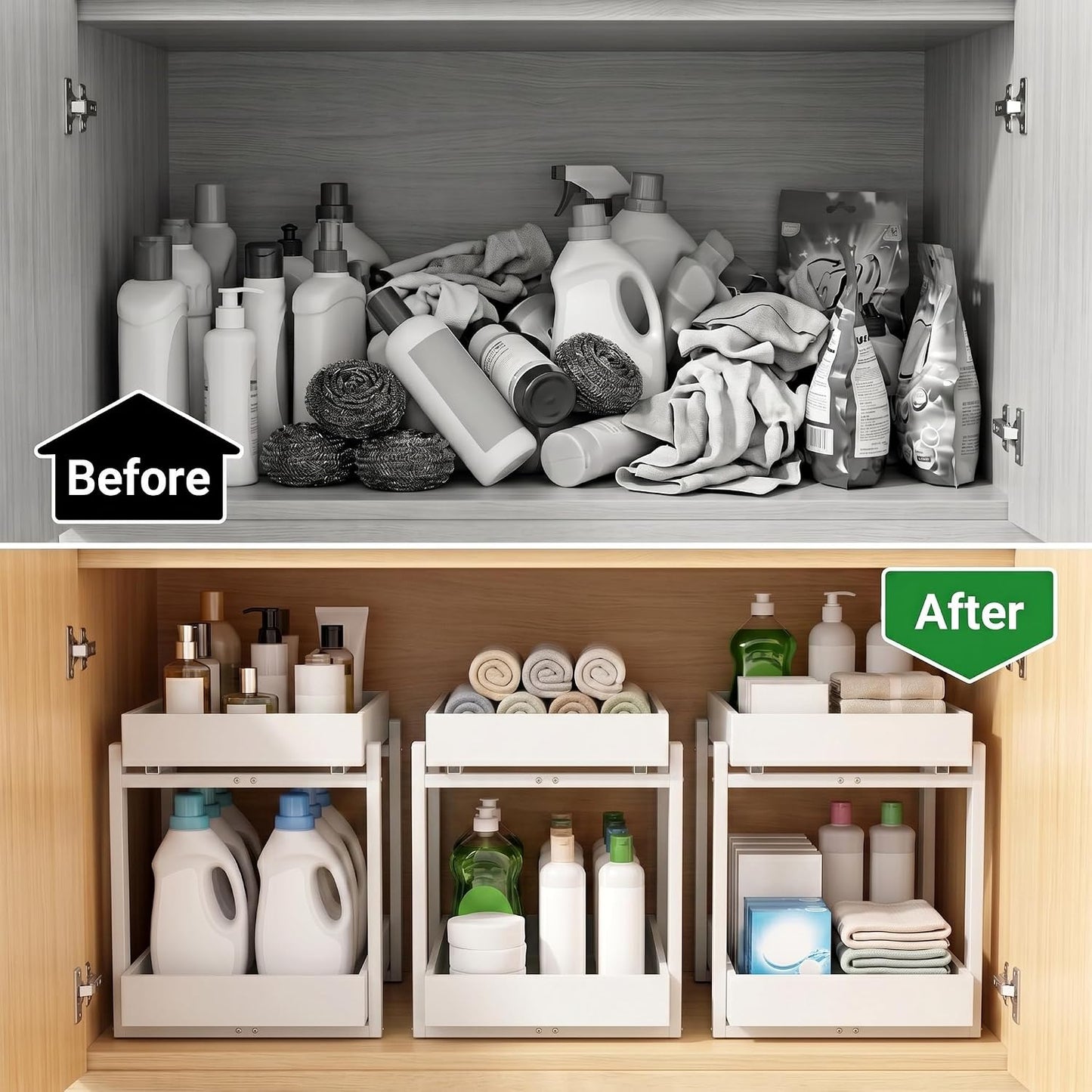 Bamboo Under Sink Organizer and Storage, 2 Pack Pull Out Cabinet Organization, 2 Tier Vertical Slide Out Undersink Storage Shelf, Multi-Purpose Organizer Shelves for Kitchen Bathroom Medicine