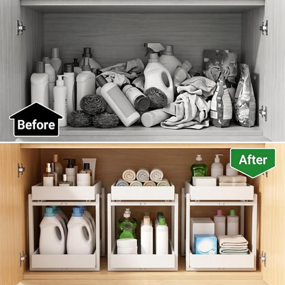 Bamboo Under Sink Organizer and Storage, 2 Pack Pull Out Cabinet Organization, 2 Tier Vertical Slide Out Undersink Storage Shelf, Multi-Purpose Organizer Shelves for Kitchen Bathroom Medicine