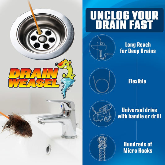 FlexiSnake Drain Weasel PowerSnake Drain Hair Clog Remover Tool – Plumbing Snake Auger for Cleaning Shower, Tub, Bathroom with Drill Connector, Rotating Handle and 3 Wands, 36 Inches Long Made in USA