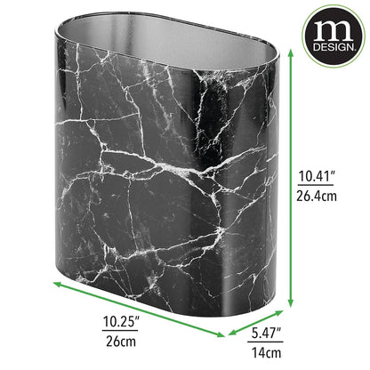 mDesign Metal Freestanding Slim Toilet Bowl Brush and Holder + Rectangle Narrow 5 Liter / 1.3 Gallon Step Pedal Trash Can Wastebasket for Bathroom - Small, Compact Design - Set of 2 - Brushed/Chrome