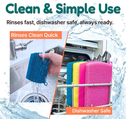 3-in-1 Silicone Scrubber Sponge with Squeegee – Non-Scratch Kitchen Sponge for Dishes, Sink & Bathroom, Quick-Dry, Reusable Cleaning Tool (Pink+Yellow)