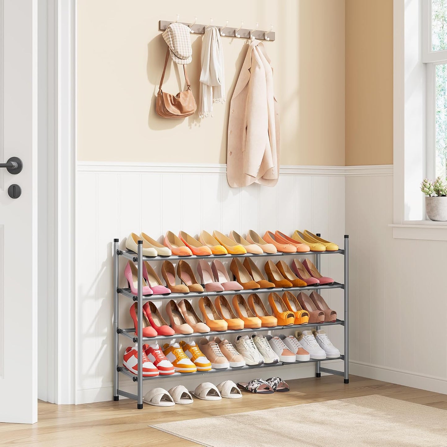 Tajsoon Expandable Shoe Rack for Closet 3 Tier, 28“-41“Adjustable & Stackable Shoe Shelf Storage, Metal Shoe Rack Organizer for Front Door Entrance, Closet, Garage, Entryway, Black