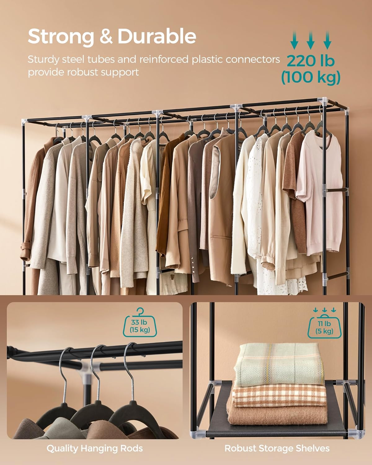 SONGMICS Portable Closet, Wardrobe Closet Organizer with Cover, 3 Hanging Rods and Shelves, 4 Side Pockets, 51.2 x 17.7 x 65.7 Inches, Large Capacity for Bedroom, Living Room, Ink Black URYG092B02