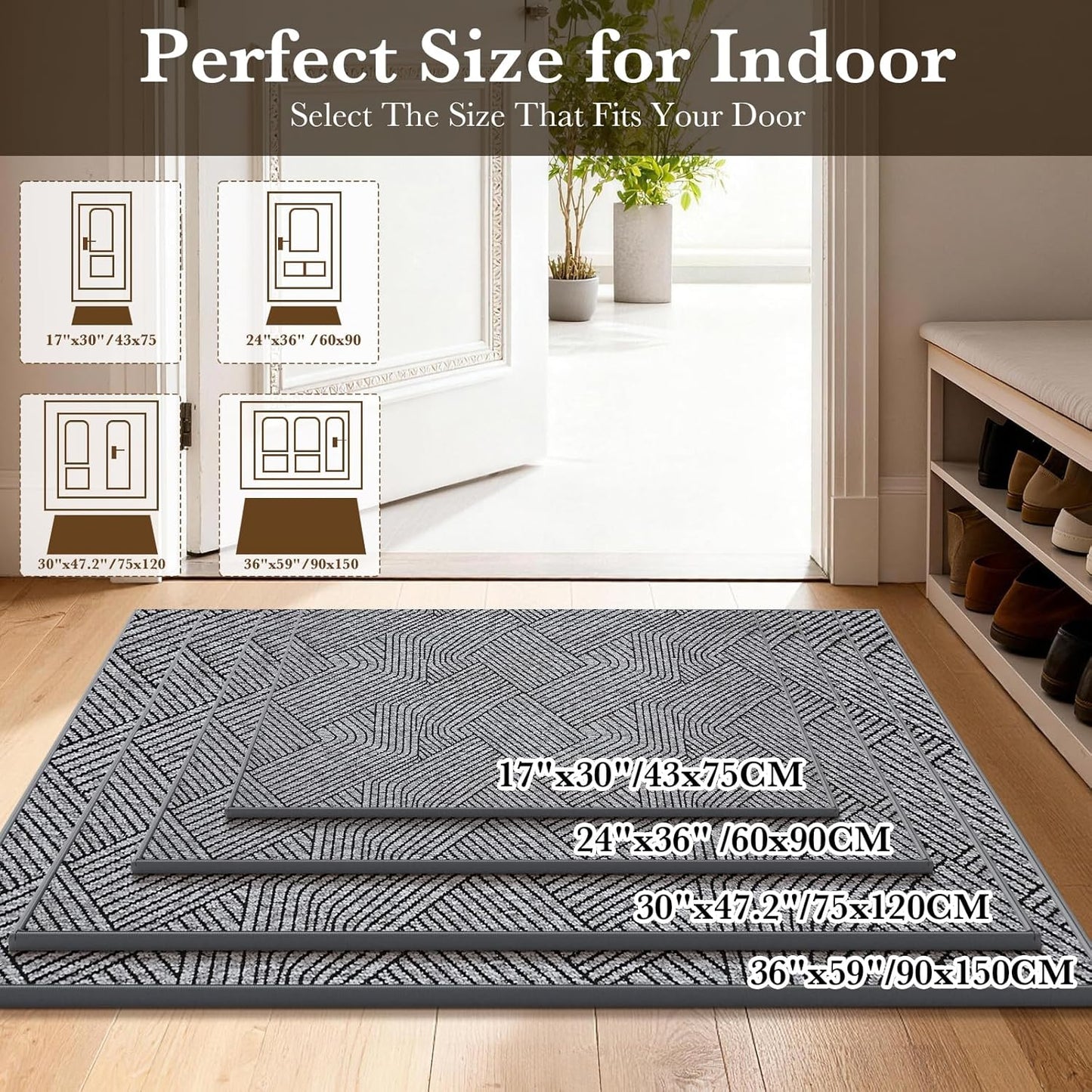 Indoor Door Mat 17"x30", Low-Profile Thin Welcome Front Door Mat Indoor Entrance, Non Slip Rubber Backing Inside Doormat Washable Entryway Dirt Resistant & Absorbent Entry Mat, Light-Brown