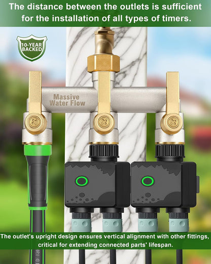 Hose Splitter 2 Way Heavy Duty, Solid Brass Full Flow Outdoor Faucet and Garden Hose Splitters, Water Spigot Splitter T Adapter, All Metal Water Connector with Shut-Off Valve, 3/4 - Inch GHT Thread