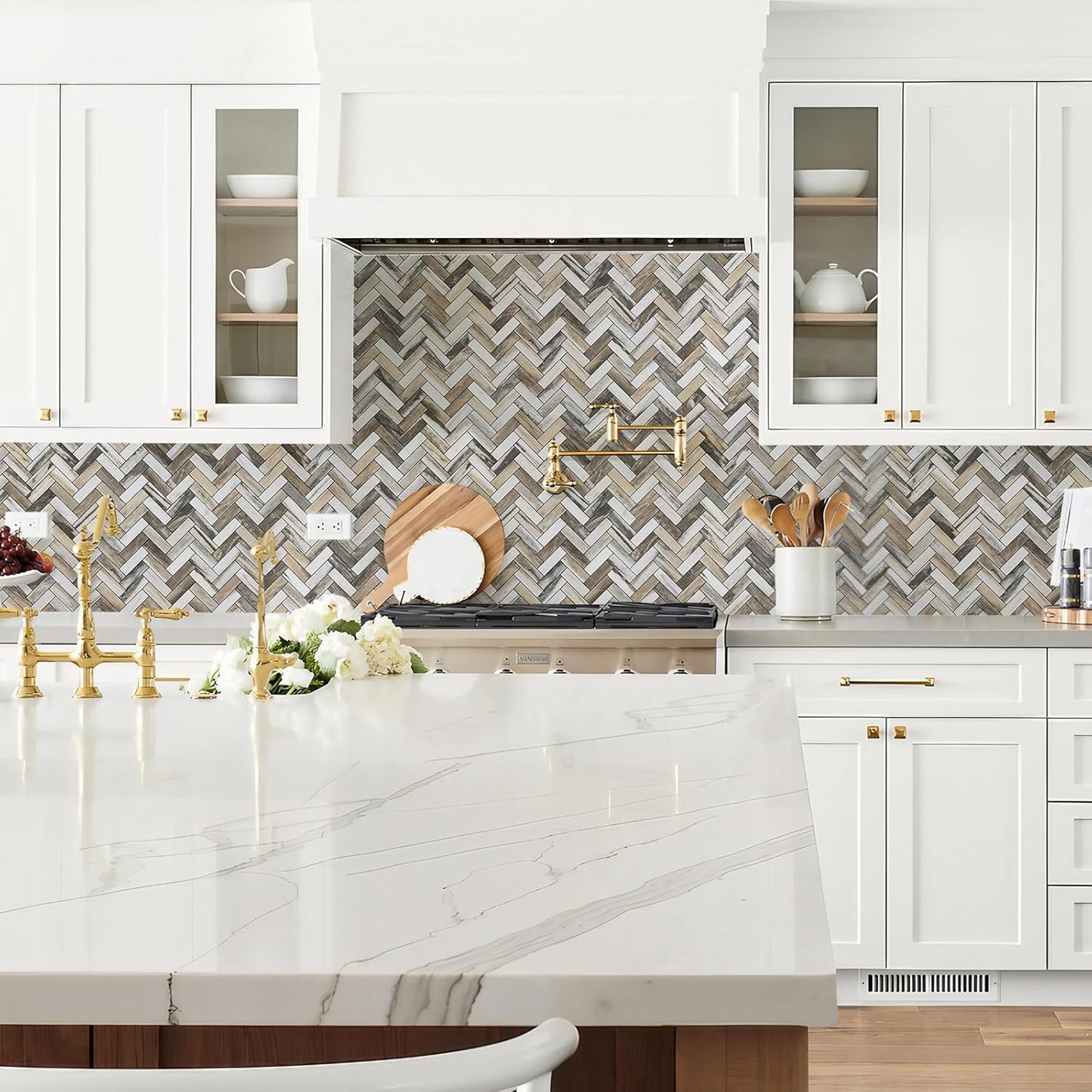 STICKGOO 10 Sheets Herringbone Peel and Stick Backsplash, Stick on Aluminum Composite PVC Kitchen Backsplash, Marble White Mixed Light Grey Look Self Adhesive Wall Tiles