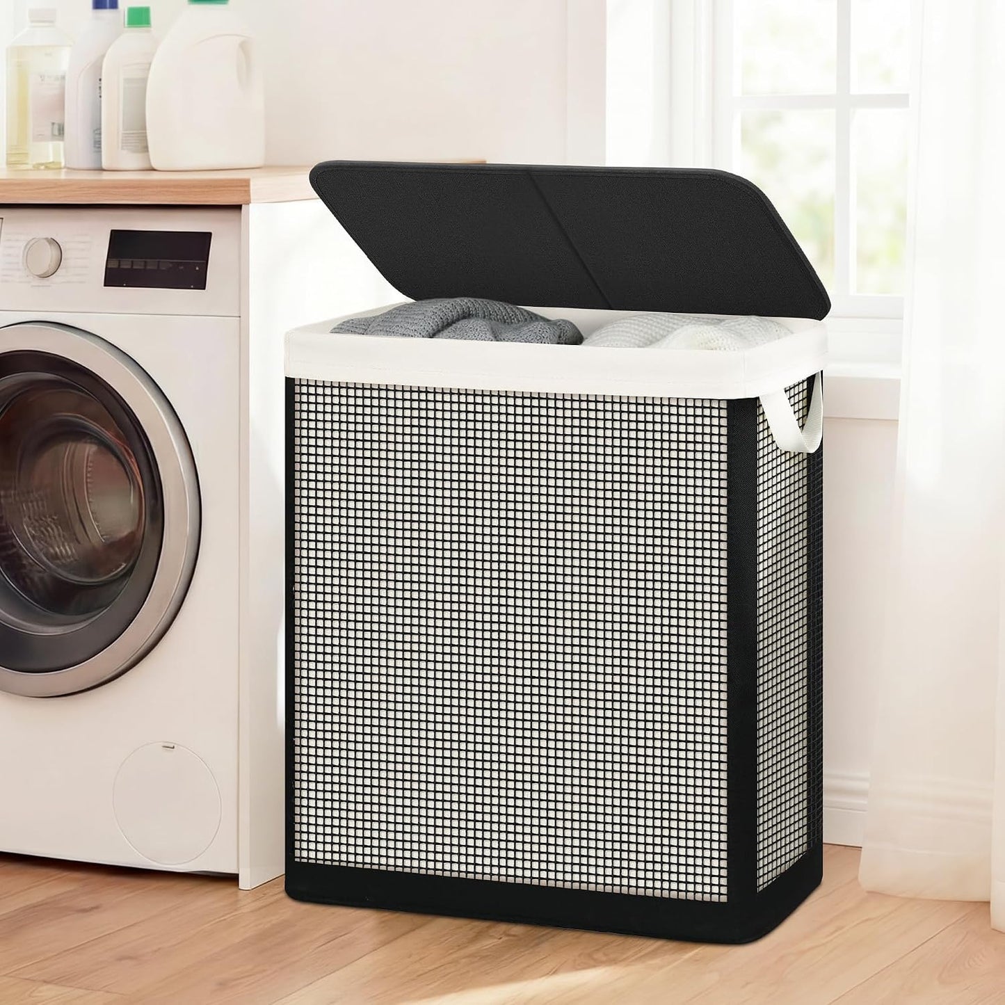 STO STO Laundry Hamper 3 Section with Lid, 180L Large 3 Compartment Laundry Sorter, Laundry Basket with Removable Washable Liner Bag, Breathable Clothes Hamper for Bedroom Bathroom Laundry Room Closet