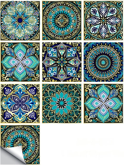 10PCS Peel and Stick Tile Backsplash Stickers, 4"x4" DIY Backsplash Mandala Style Stickers for Kitchen & Bathroom, Self-Adhesive Removable Waterproof Tile Decals for Home Decor