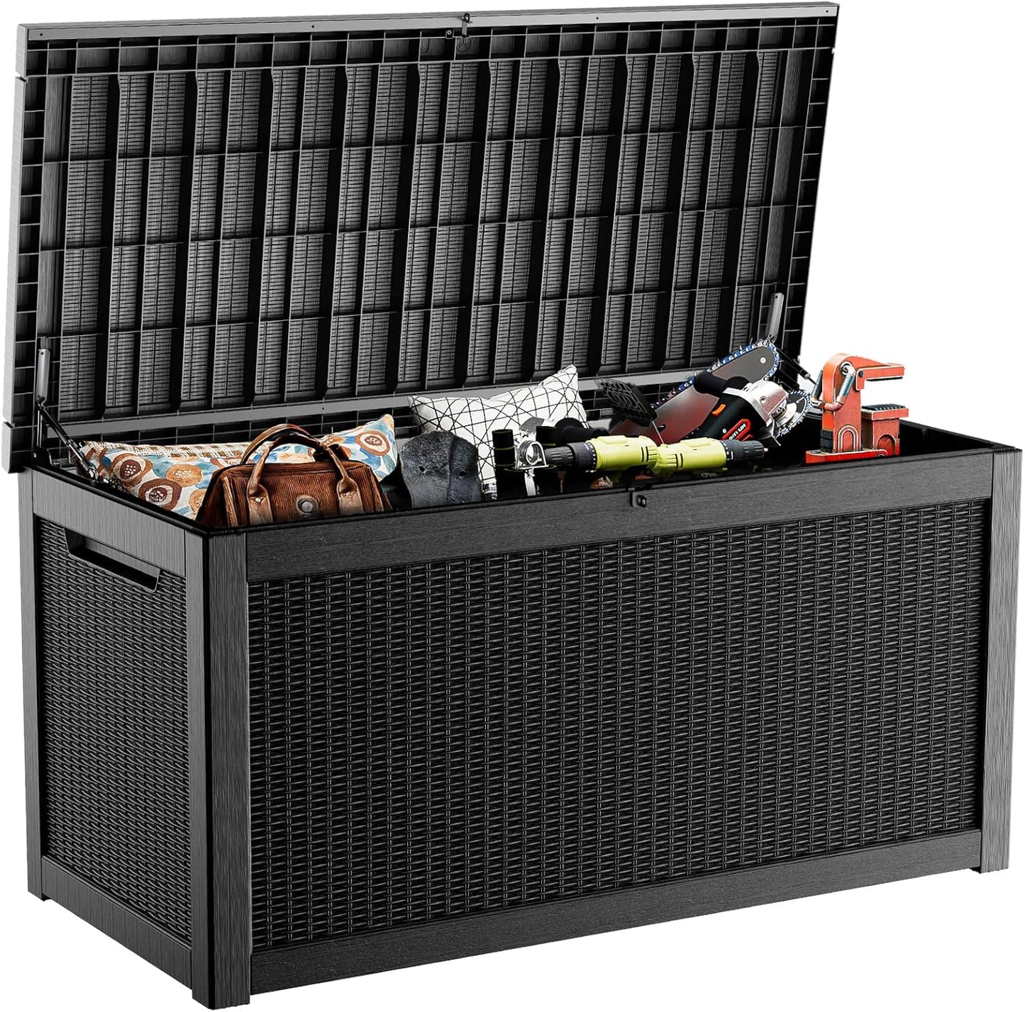 PatioZen 100 Gallon Resin Deck Box, Lockable Patio Outdoor Storage Box for Furniture, Garden Tools and Tools Storage, Waterproof Outside Storage Boxes - Black