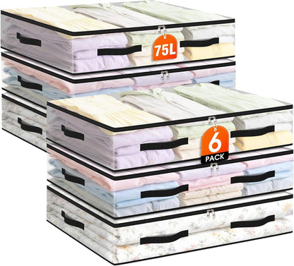 6 Pack Under Bed Storage Bags, 60L Foldable Clear Storage Containers with Handles, Dual Zippers for Comforter, Clothes, Bedding, Linen Sheets, Sweaters, Blanket Storage