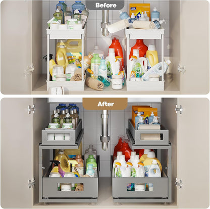 2 Pack Under Sink Organizer with Next-Gen Ball-Bearing Slides,2-Tier Pull Out Cabinet Storage,Height Adjustable Drawer Shelf for Bathroom,Kitchen,Laundry,Cabinet,Pantry(Patent Pending)
