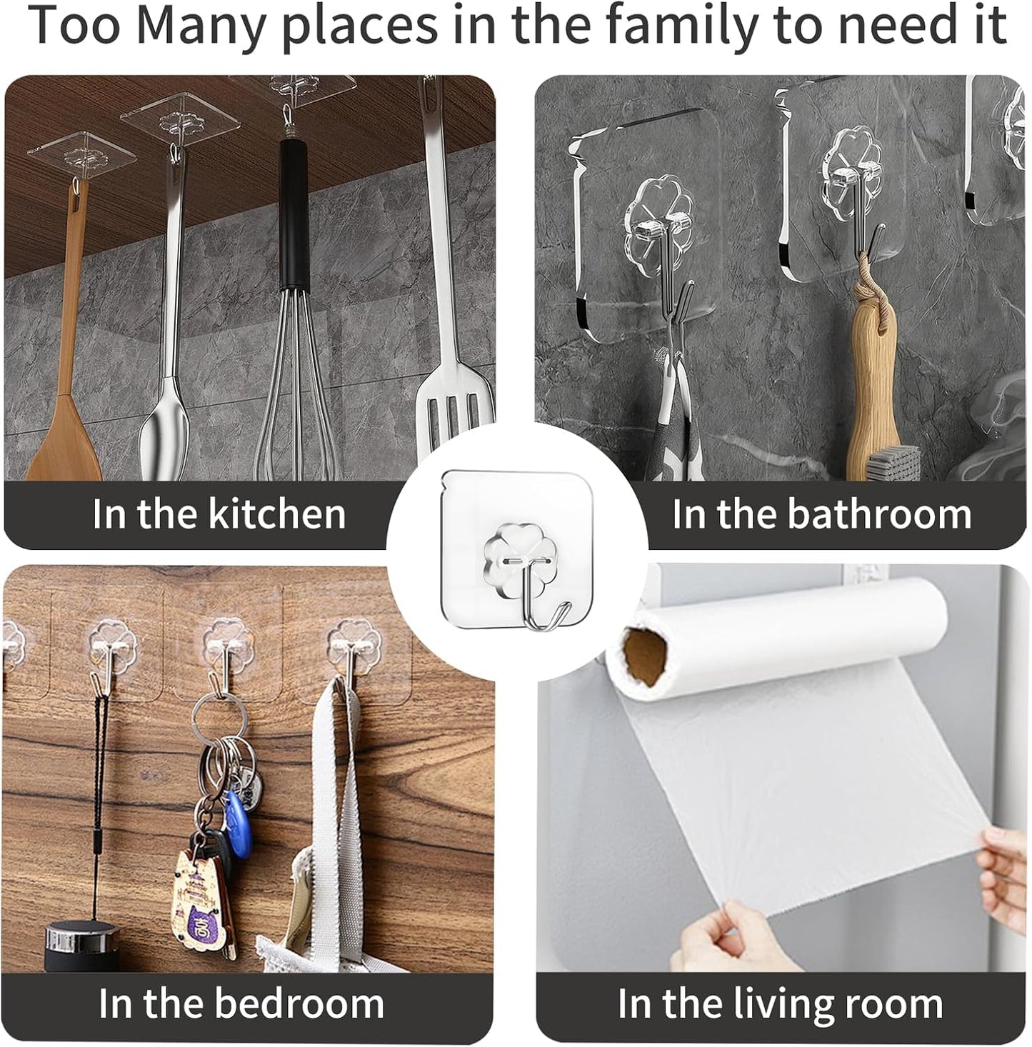Adhesive Hooks, Hold 33lb(Max) Heavy Duty Sticky Hooks,Waterproof and Rustproof Wall Hooks for Hanging Can be Use Kitchen Bathroom Ceiling Office Window Home Improvement (Transparent 10PCS)