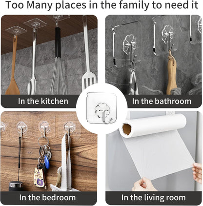 Adhesive Hooks, Hold 33lb(Max) Heavy Duty Sticky Hooks,Waterproof and Rustproof Wall Hooks for Hanging Can be Use Kitchen Bathroom Ceiling Office Window Home Improvement (Transparent 10PCS)
