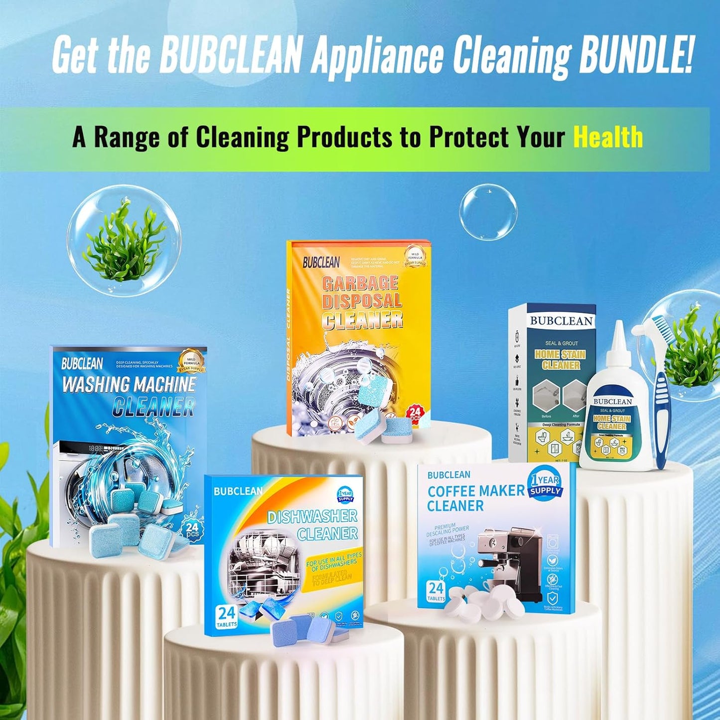 24 Pack BUBCLEAN Dishwasher Cleaner＆Deodorizer Tablets, Deep Cleaning Descaler for Dishwasher, Natural Odor, Limescale, Grease, Calcium ＆ Smell Remover, Septic Safe with Lemon Scent - 12 Month Supply