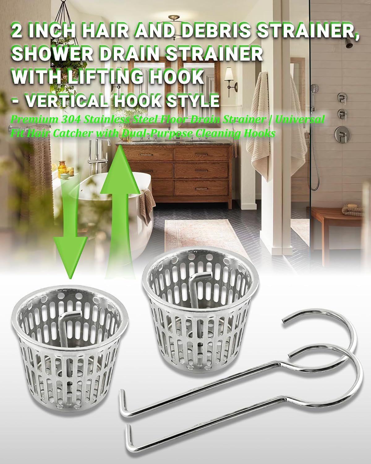 2 Pcs Shower Drain Strainer Hair Catcher, 304 Stainless Steel Drain Strainer Compatible with Oatey Designline Linear & Square Shower Drains with Drain Grate Lifting Key, Vertical Hook Style