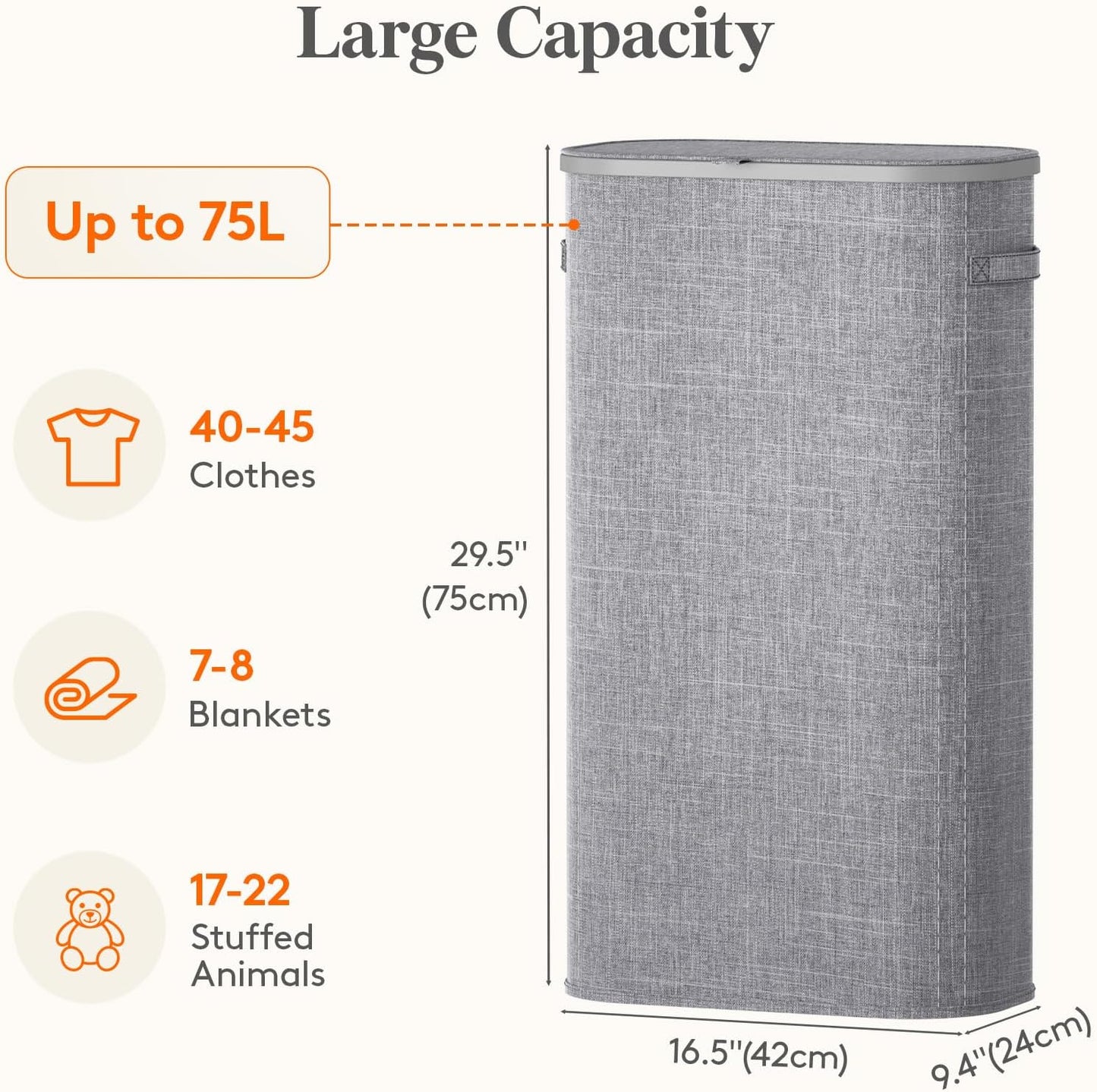 Lifewit Slim Laundry Basket with Lid, Narrow Laundry Hamper with Plastic Handles and Removable Bag, Tall Foldable Dirty Clothes Hampers for Laundry Room, Bedroom, Bathroom, Dorm, 65L Beige